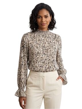 Halogen Nordstrom Abstract Smocked Mock Neck Blouse Size X1